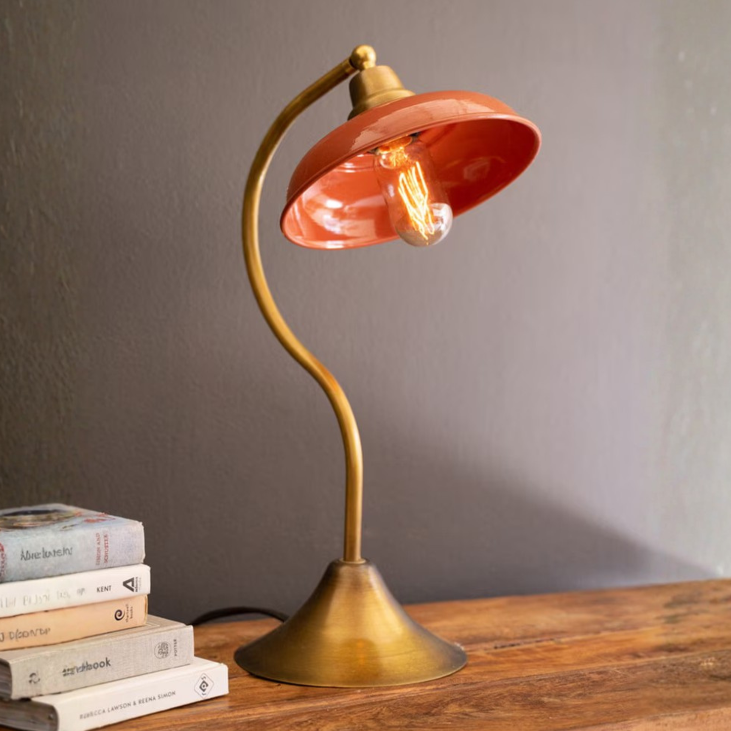 Antique Brass Table Lamp with Orange Enamel Shade
