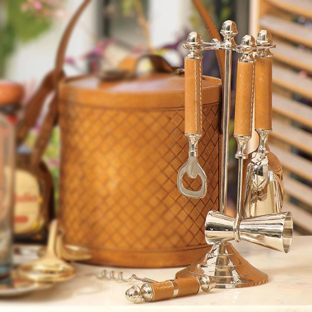 Polished Nickel and Leather Bar Tool Set