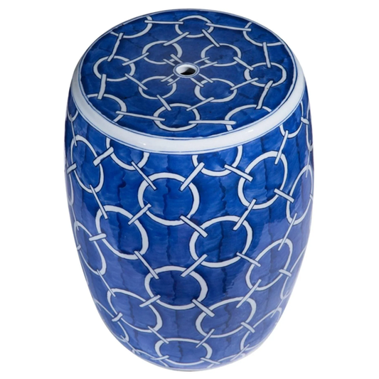 Blue and White Round Garden Stool - Circle Link Motif