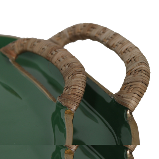 Enamel Metal Tray With Rattan Wrapped Handles