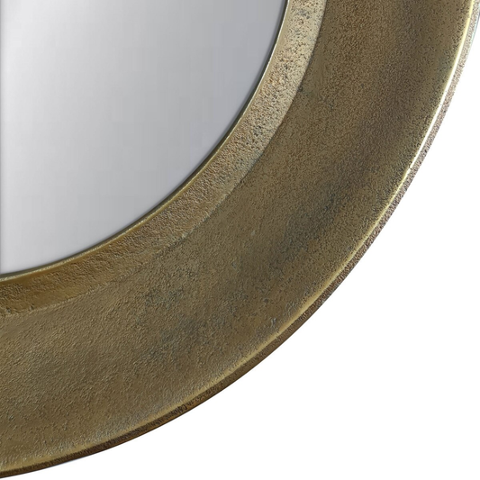 Large 30" Round Antique Textured Wide Metal Frame Mirror, Antique Brass