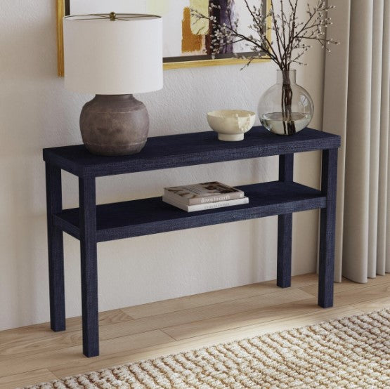 Raffia Wrapped Console Table with Shelf - Navy