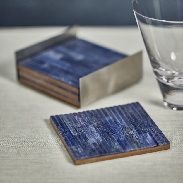 Ribbed Bone Coaster Set of 4 in Metal Tray - Blue