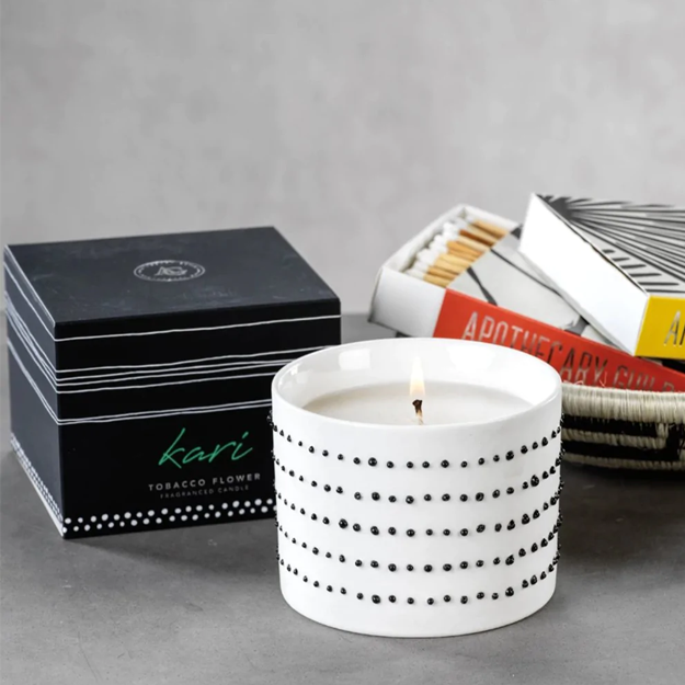 Kari Candle in White Jar w/ Black Dots - Tobacco Flower