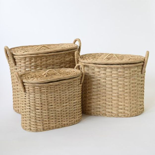 Oval Woven Laundry Basket w/ Lid & Handles - Size 1