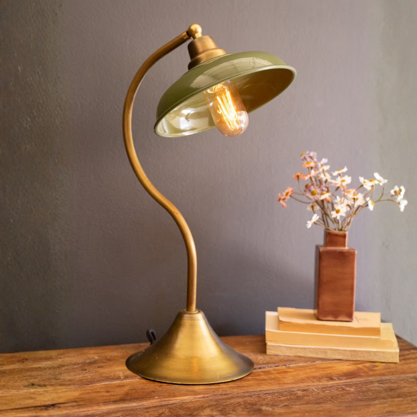 Antique Brass Table Lamp with Green Enamel Shade
