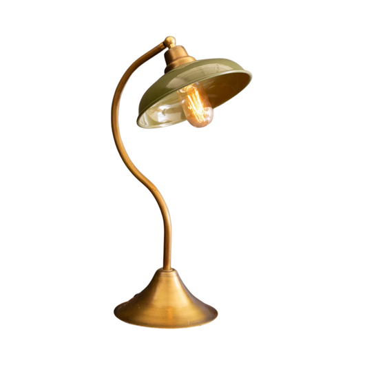 Antique Brass Table Lamp with Green Enamel Shade