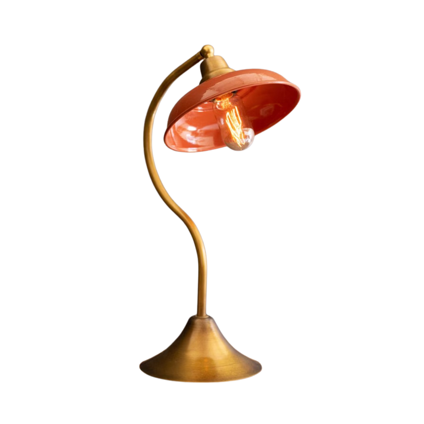 Antique Brass Table Lamp with Orange Enamel Shade