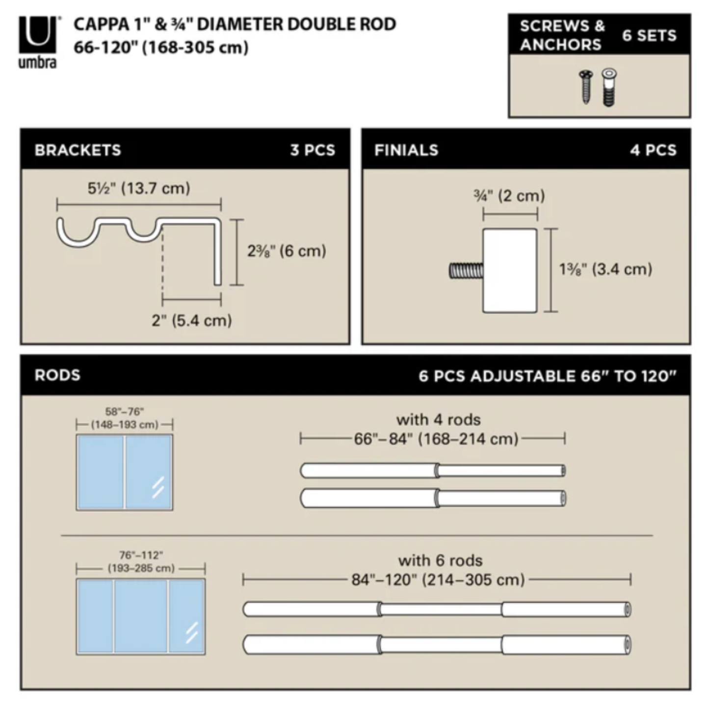 Cappa Double Curtain Rod 66" - 120" - Nickel