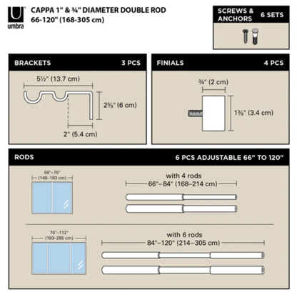 Cappa Double Curtain Rod 66" - 120" - Nickel