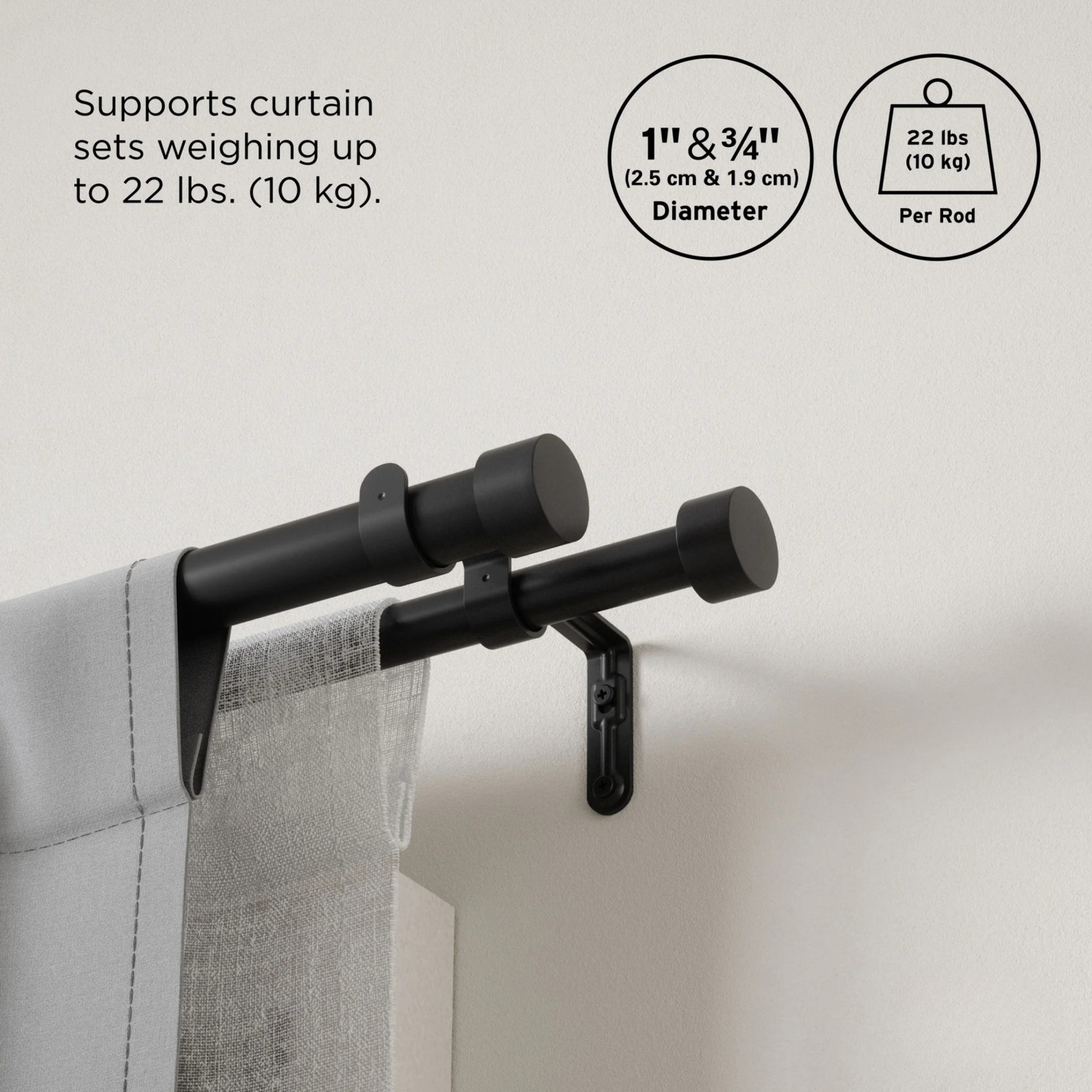 Cappa Double Curtain Rod 66" - 120" - Black