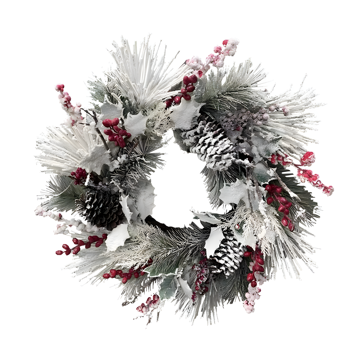 Faux Pine & Holly Wreath with Red Berries & Pinecones