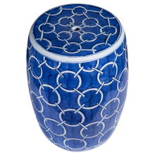 Load image into Gallery viewer, Blue and White Round Garden Stool - Circle Link Motif
