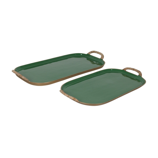 Enamel Metal Tray With Rattan Wrapped Handles