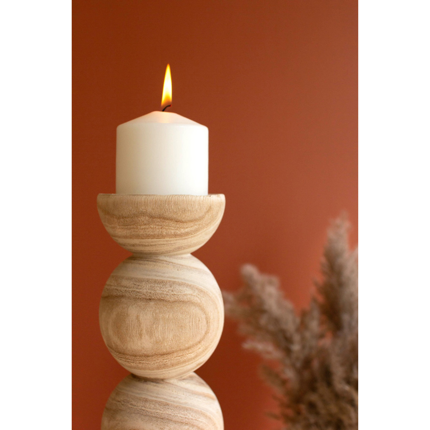 Hand-Carved Wooden Stacked Ball Candle Holder