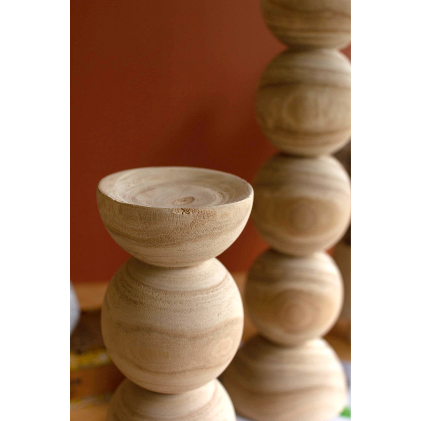 Hand-Carved Wooden Stacked Ball Candle Holder