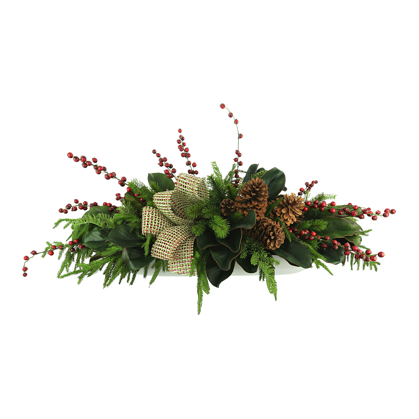 Holiday Centerpiece with Evergreen, Berries, Bows and Pinecones