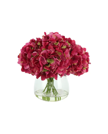 Bright Pink Hydrangea Floral Arrangement in a Round Glass Vase