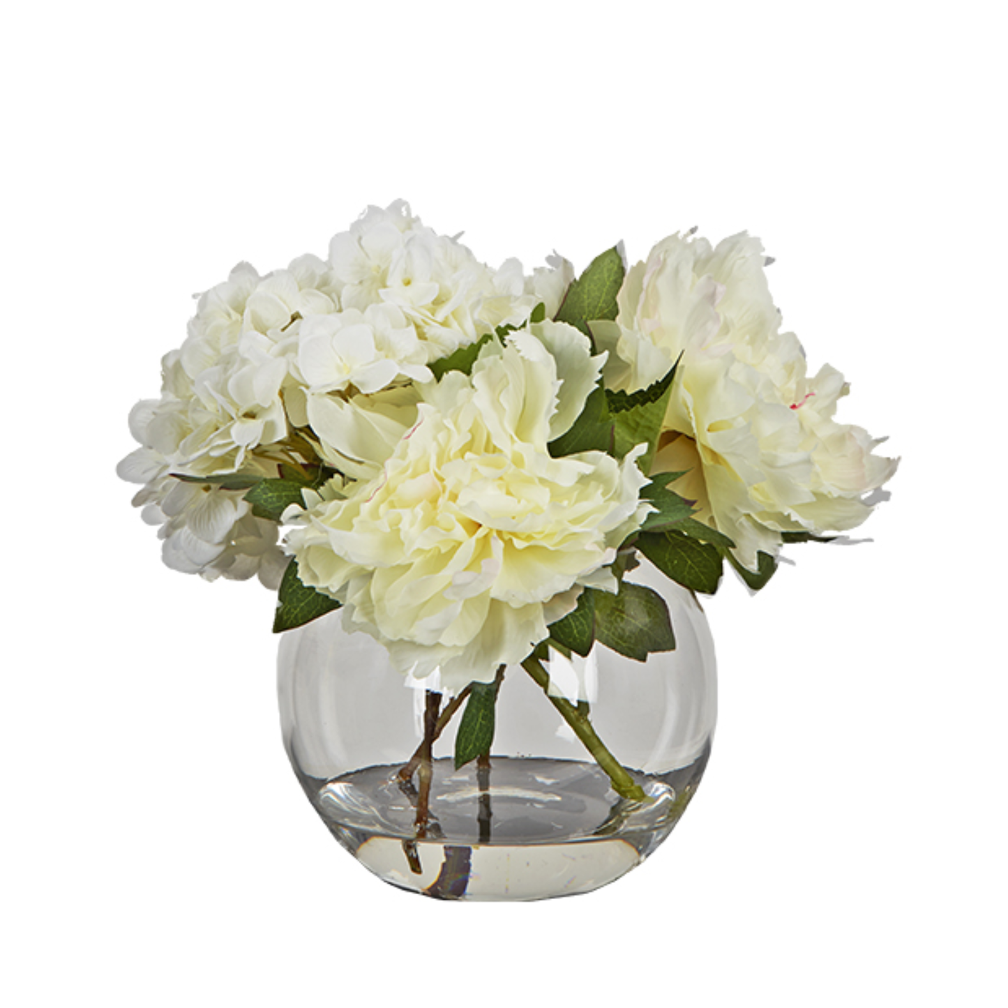 Hydrangeas and Peonies in Glass Bubble Bowl