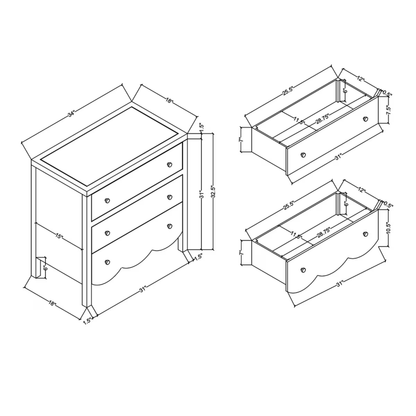Maribelle Scallop 3 Drawer Dresser, 34"W