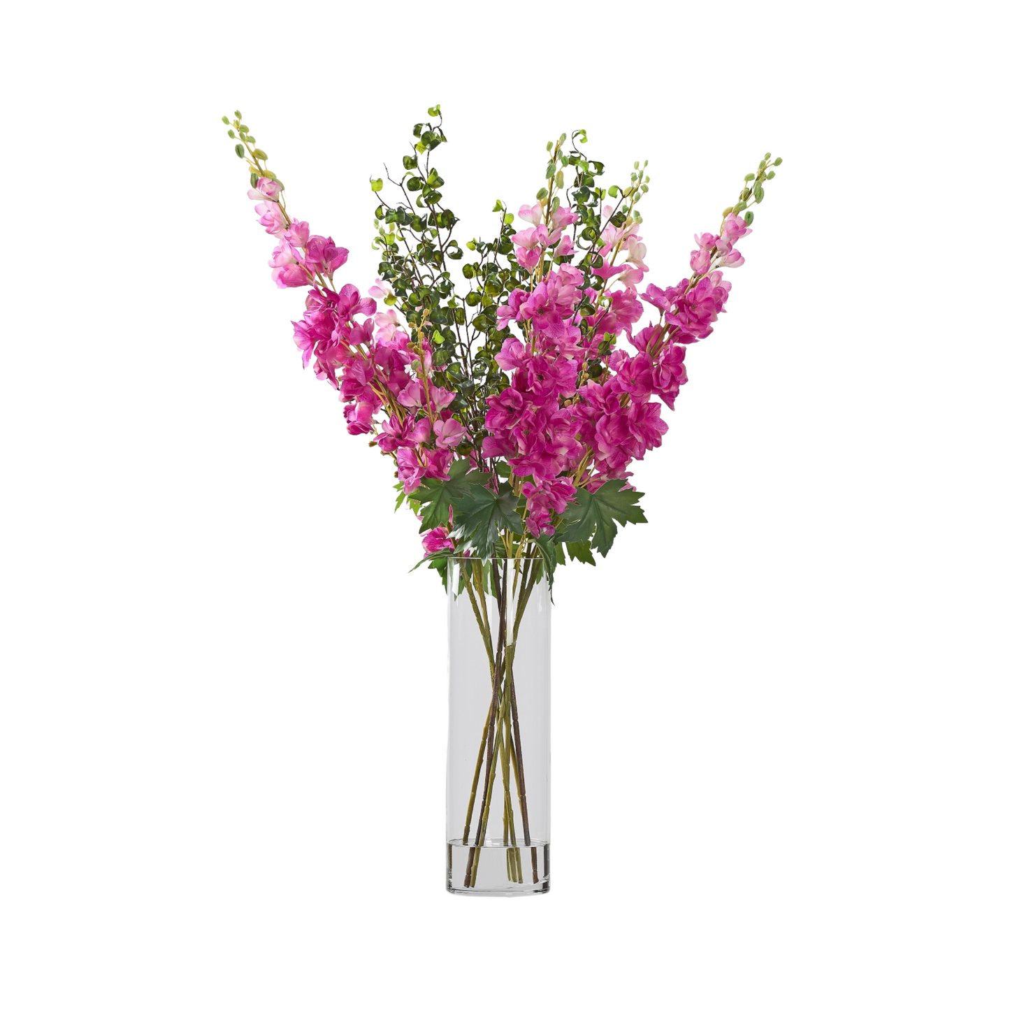 Pink Delphiniums with Weeping Fig in Glass Cylinder