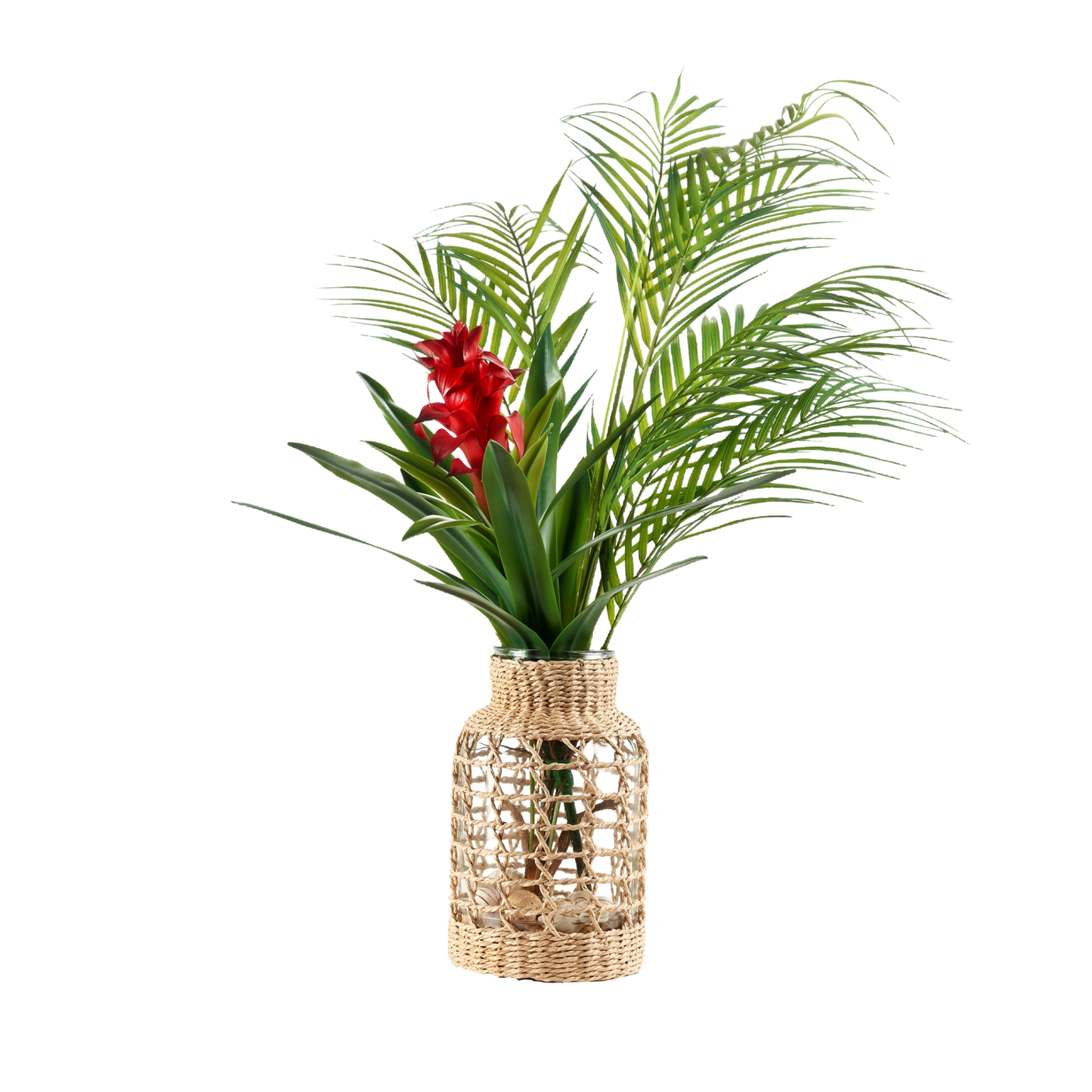 Red Ginger and Areca Palm in Jute Wrapped Glass Vase