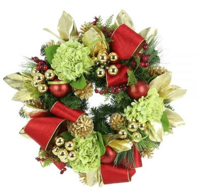 Holiday Wreath with Hydrangeas, Pine Cones, Ornaments and Bows