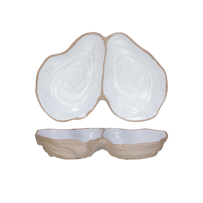 Stoneware Oyster Shell Shaped Dish w/ 2 Sections