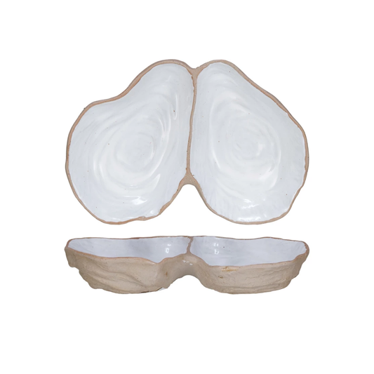 Stoneware Oyster Shell Shaped Dish w/ 2 Sections