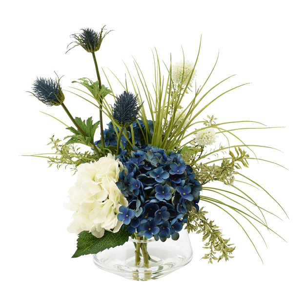 Hydrangea, Blue Thistle, Allium and Tea Leaves in a Glass Vase