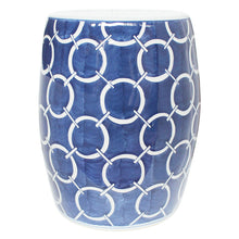 Load image into Gallery viewer, Blue and White Round Garden Stool - Circle Link Motif
