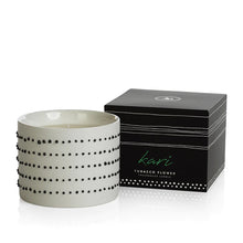 Load image into Gallery viewer, Kari Candle in White Jar w/ Black Dots - Tobacco Flower
