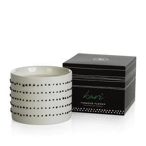 Kari Candle in White Jar w/ Black Dots - Tobacco Flower