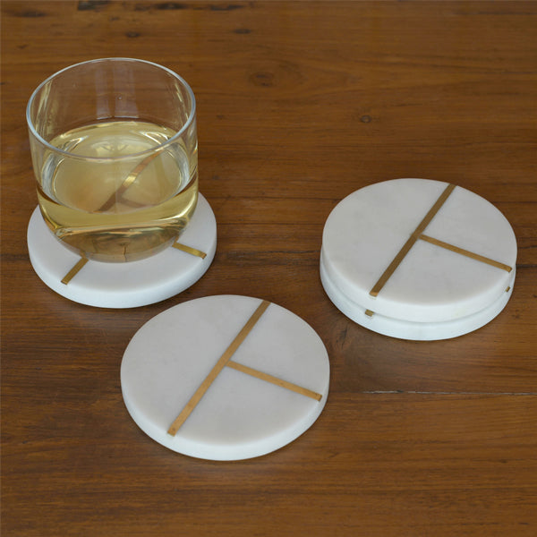 Round Marble & Brass Coaster Set