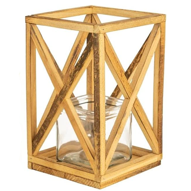 Recycled Wooden Lantern with Glass - Large