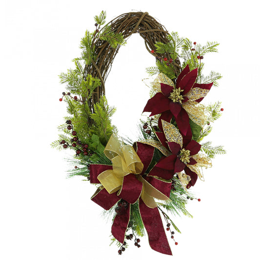 Red Poinsettia Oval Wreath w/ Gold and Red Bow