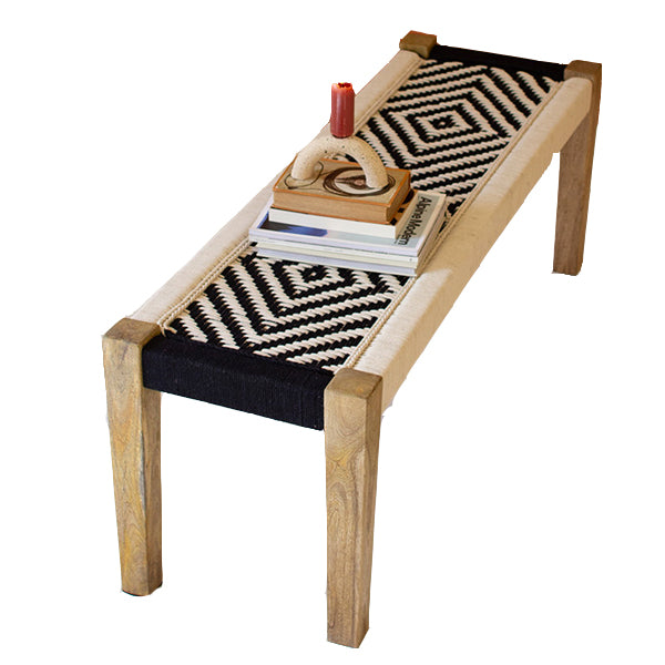 Black & White Woven Mango Wood Bench